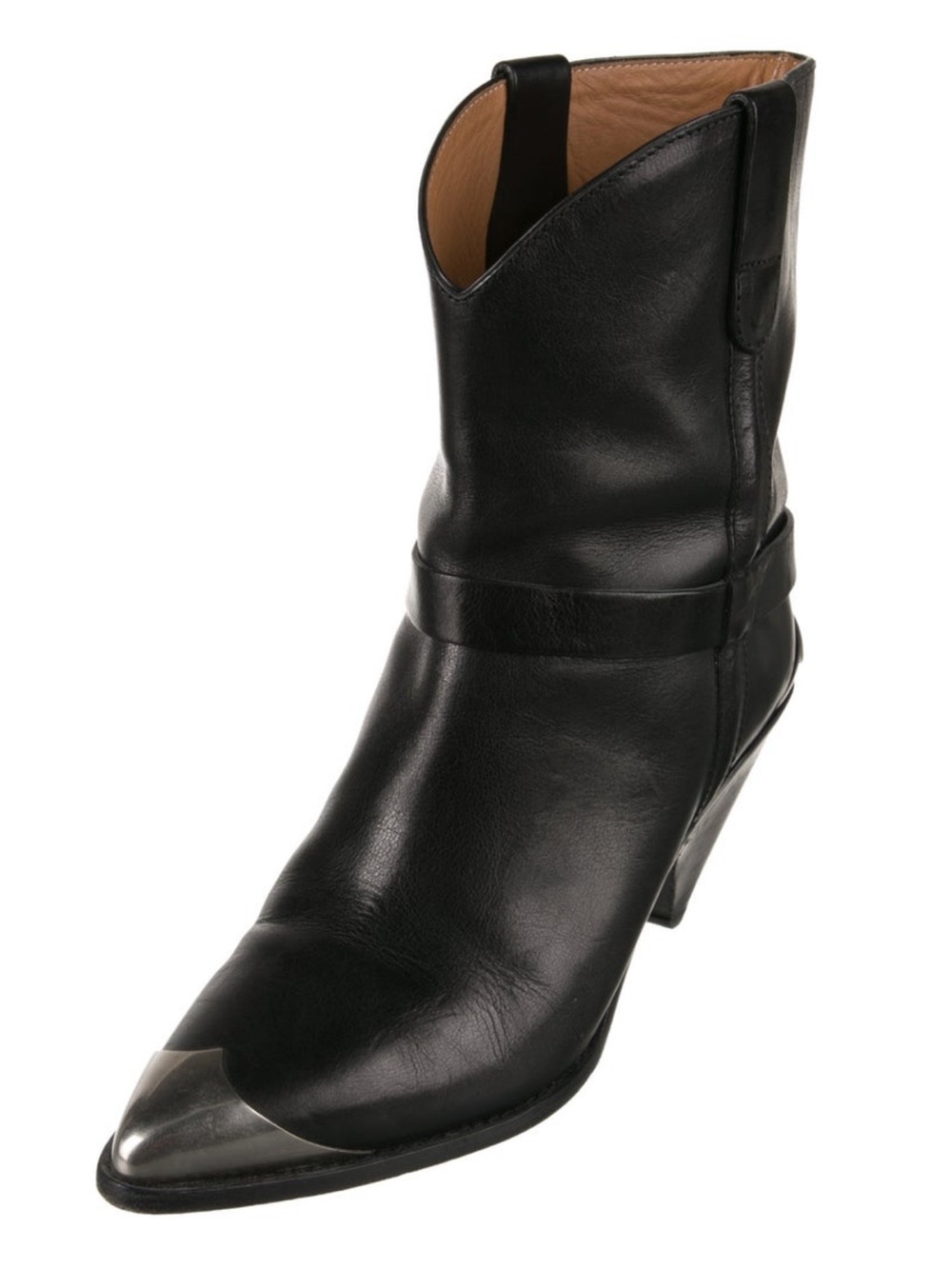 Isabel Marant Black Leather Western Ankle Boots FR 39 / US 8 Silver Cap Toe - Picture 2 of 5